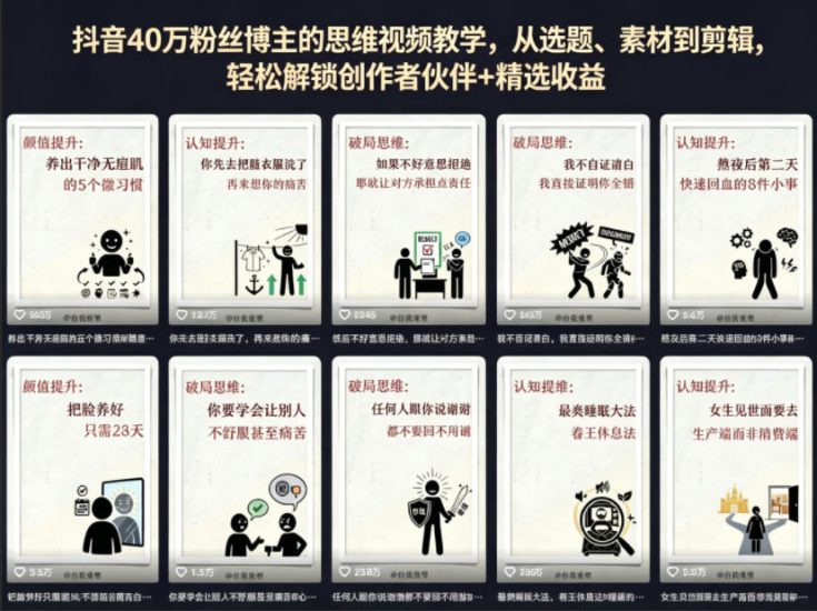 抖音40W粉丝博主的思维视频教学,从选题、素材到剪辑,轻松解锁创作者伙伴+精选收益网赚项目-副业赚钱-互联网创业-资源整合行知网