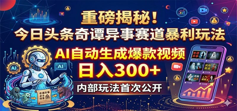 重磅揭秘！今日头条奇谭异事赛道暴利玩法：AI自动生成爆款视频，日入300+网赚项目-副业赚钱-互联网创业-资源整合行知网